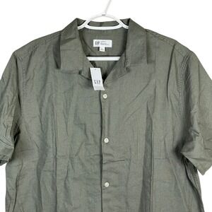 Gap‎ Linen Blend Shirt Standard Fit Mens L Green Button Up Short Sleeve
